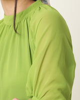 Women's Frag Green High Collared Neck With Gathers Short Sleeves With Cuff Back Button Closure Midi Dress