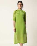 Women's Frag Green High Collared Neck With Gathers Short Sleeves With Cuff Back Button Closure Midi Dress