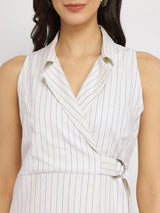 Women's White Casual Striped Above Knee Dress