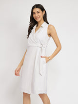 Women's White Casual Striped Above Knee Dress