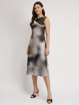 Women's Gray Party Printed Below Knee Dress
