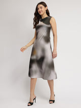 Women's Gray Party Printed Below Knee Dress