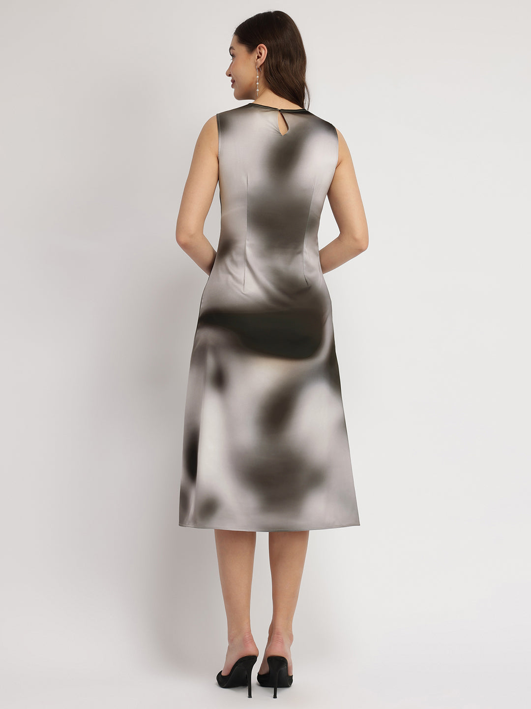 Women's Gray Party Printed Below Knee Dress