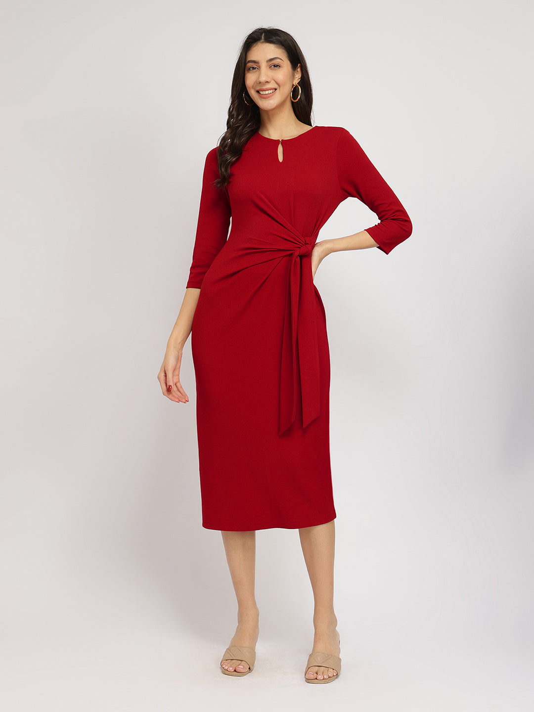 Women's Red Party Solid Below Knee Dress