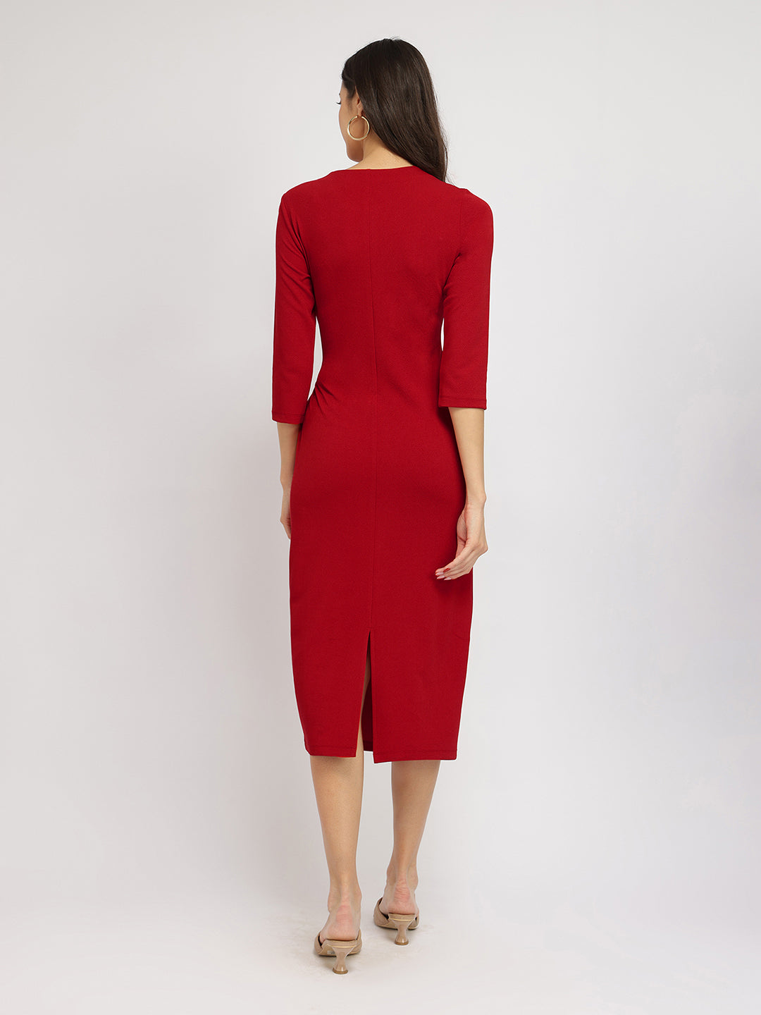 Women's Red Party Solid Below Knee Dress