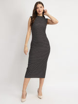 Women's Black Casual Stripes Below Knee Dress