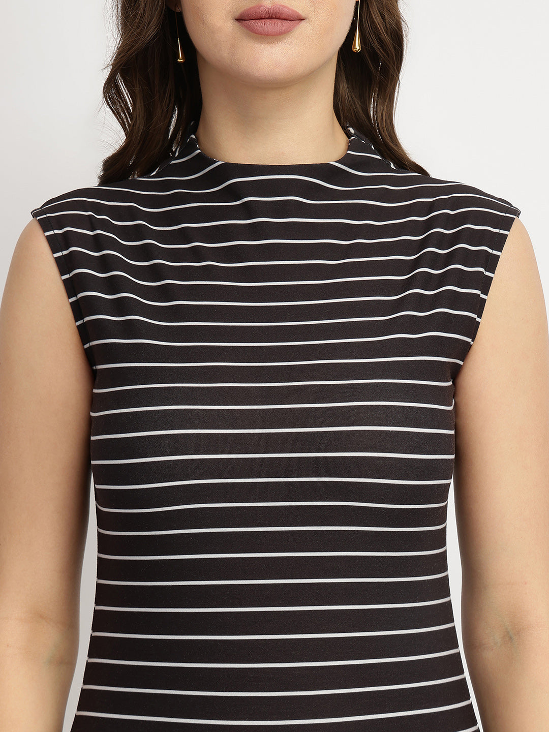 Women's Black Casual Stripes Below Knee Dress