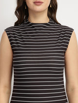 Women's Black Casual Stripes Below Knee Dress