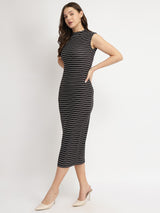 Women's Black Casual Stripes Below Knee Dress