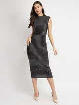 Women's Black Casual Stripes Below Knee Dress