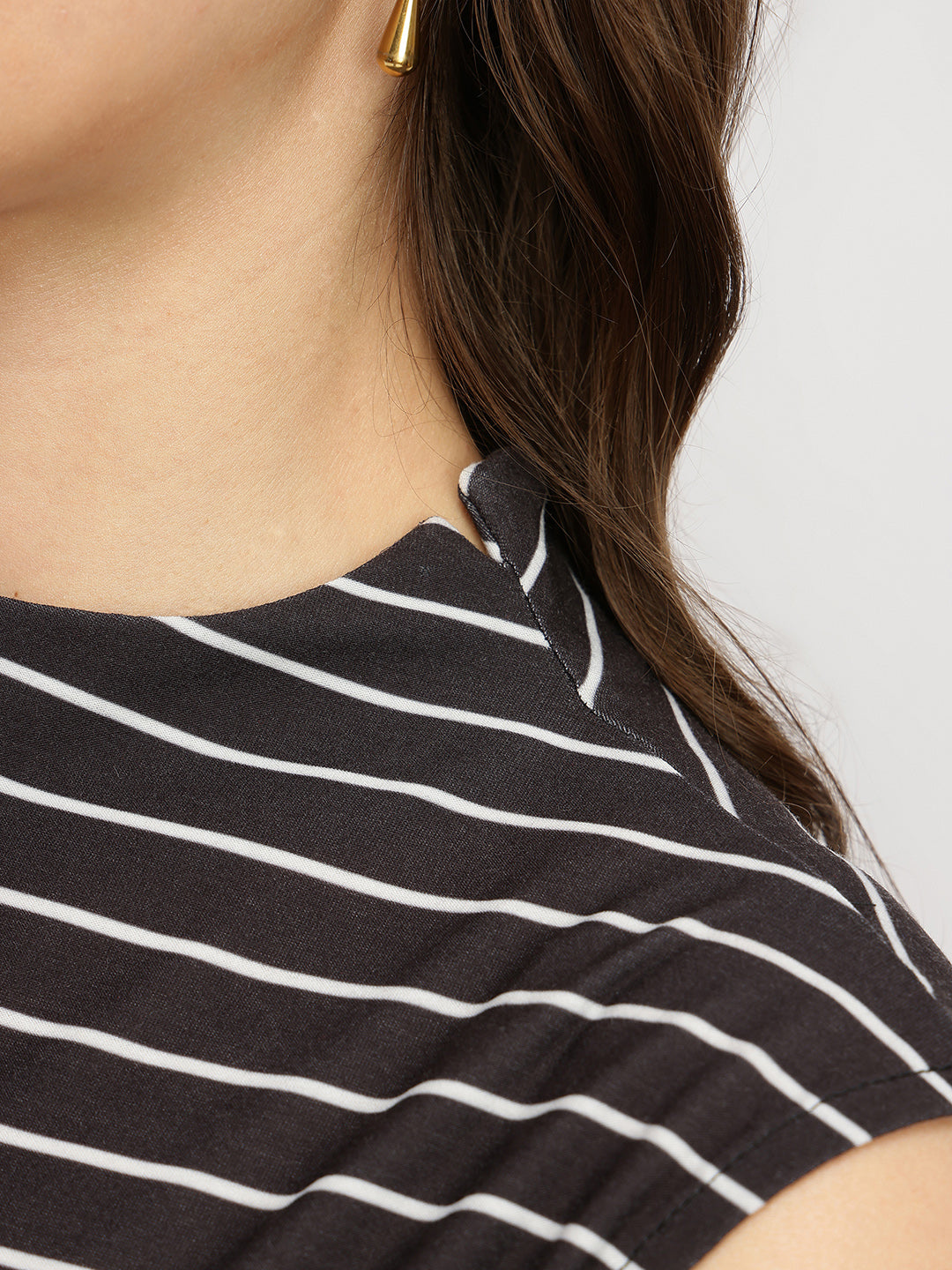 Women's Black Casual Stripes Below Knee Dress