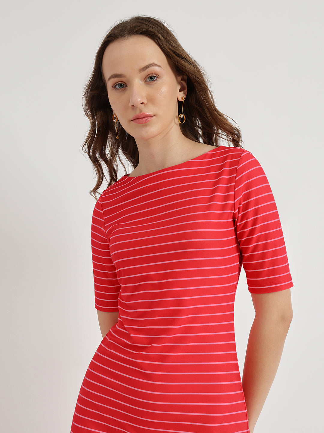 Women's Red Casual Striped Above Knee Dress