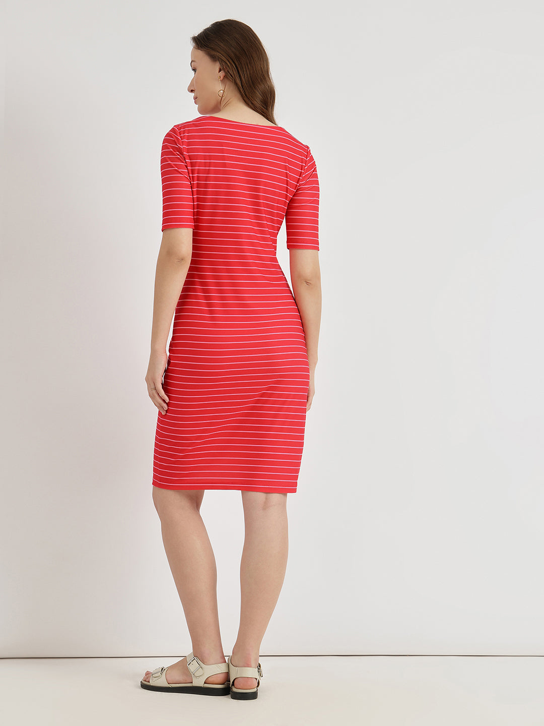 Women's Red Casual Striped Above Knee Dress