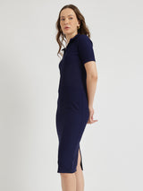 Women's Blue Casual Solid Below Knee Dress