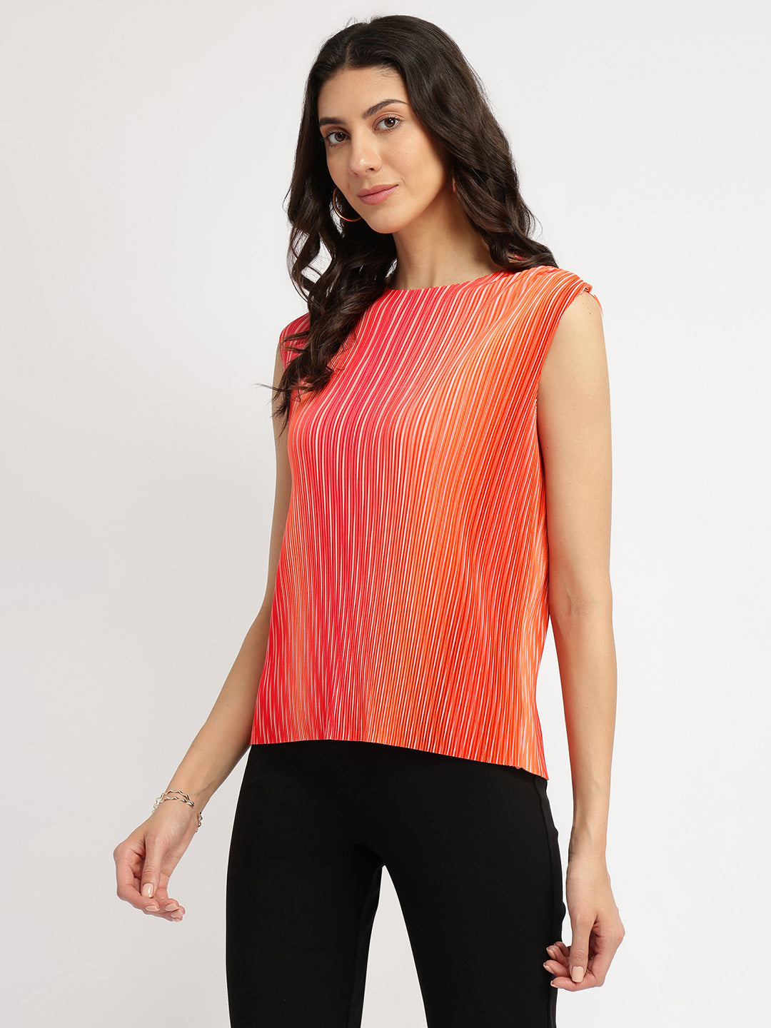 Women's Pink Party Striped Regular Fit Sleeveless Top