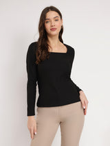 Women's Black Casual Solid Regular Fit Full Sleeves Top