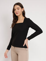 Women's Black Casual Solid Regular Fit Full Sleeves Top