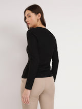 Women's Black Casual Solid Regular Fit Full Sleeves Top