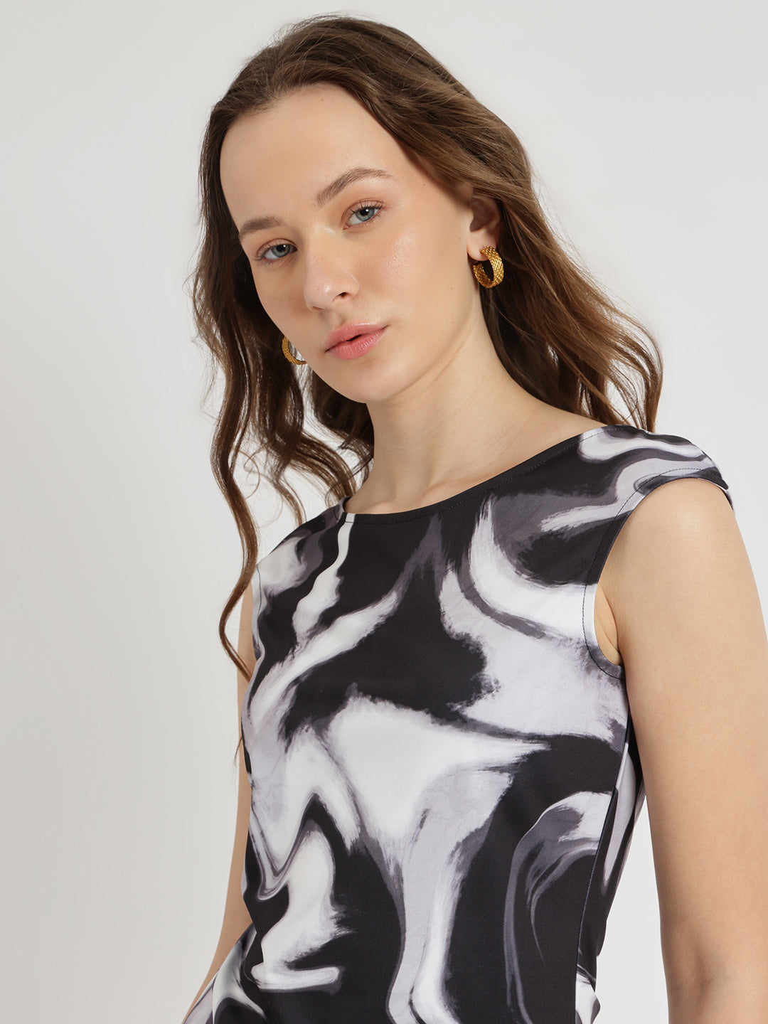 Women's Black Party Printed Regular Fit Sleeveless Top