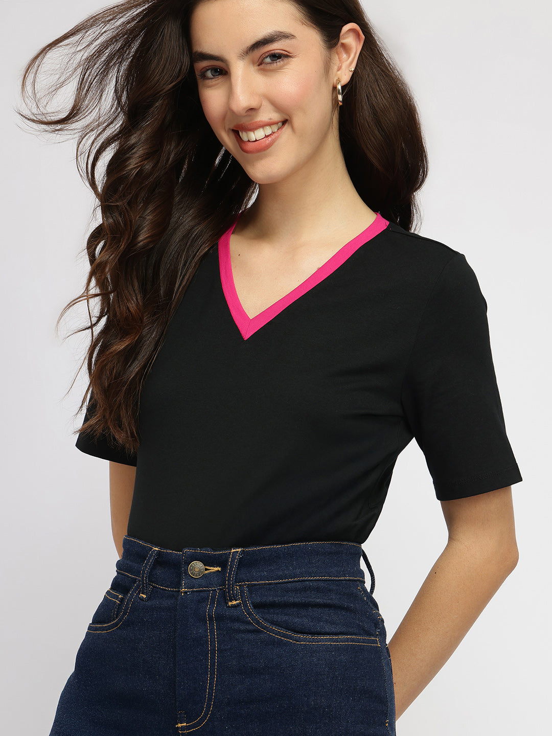 Women's Black Casual Solid Half Sleeves Tshirt