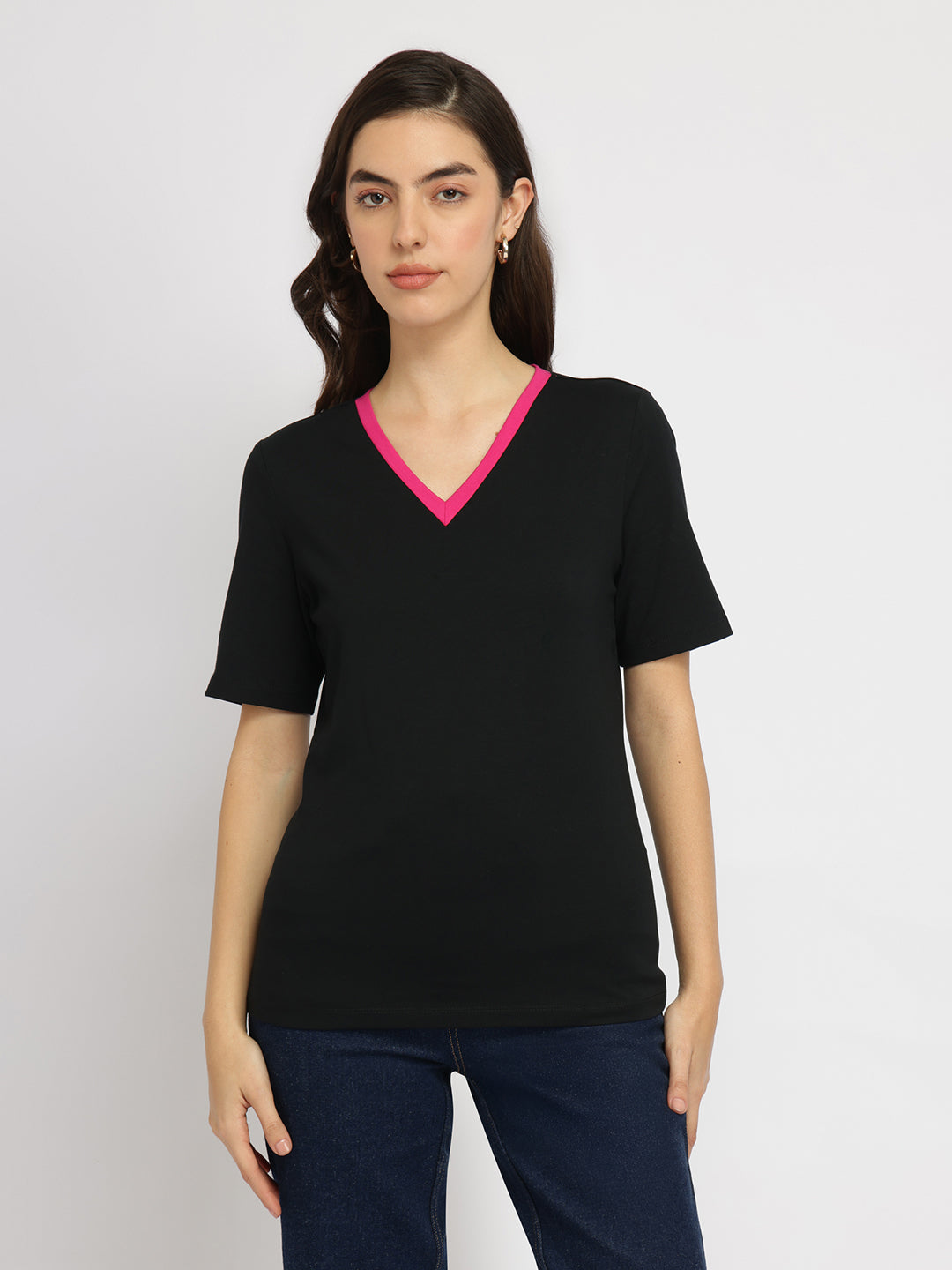 Women's Black Casual Solid Half Sleeves Tshirt