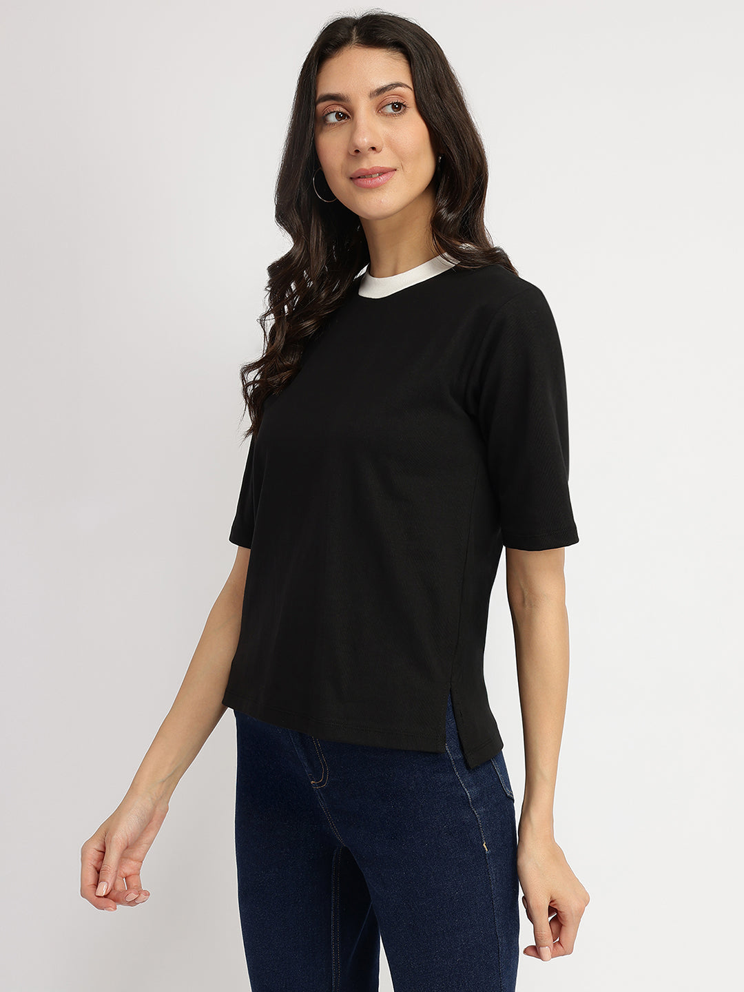Women's Black Casual Solid Half Sleeves Tshirt