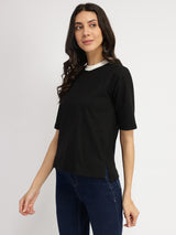 Women's Black Casual Solid Half Sleeves Tshirt