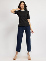 Women's Black Work Solid Half Sleeves Tshirt