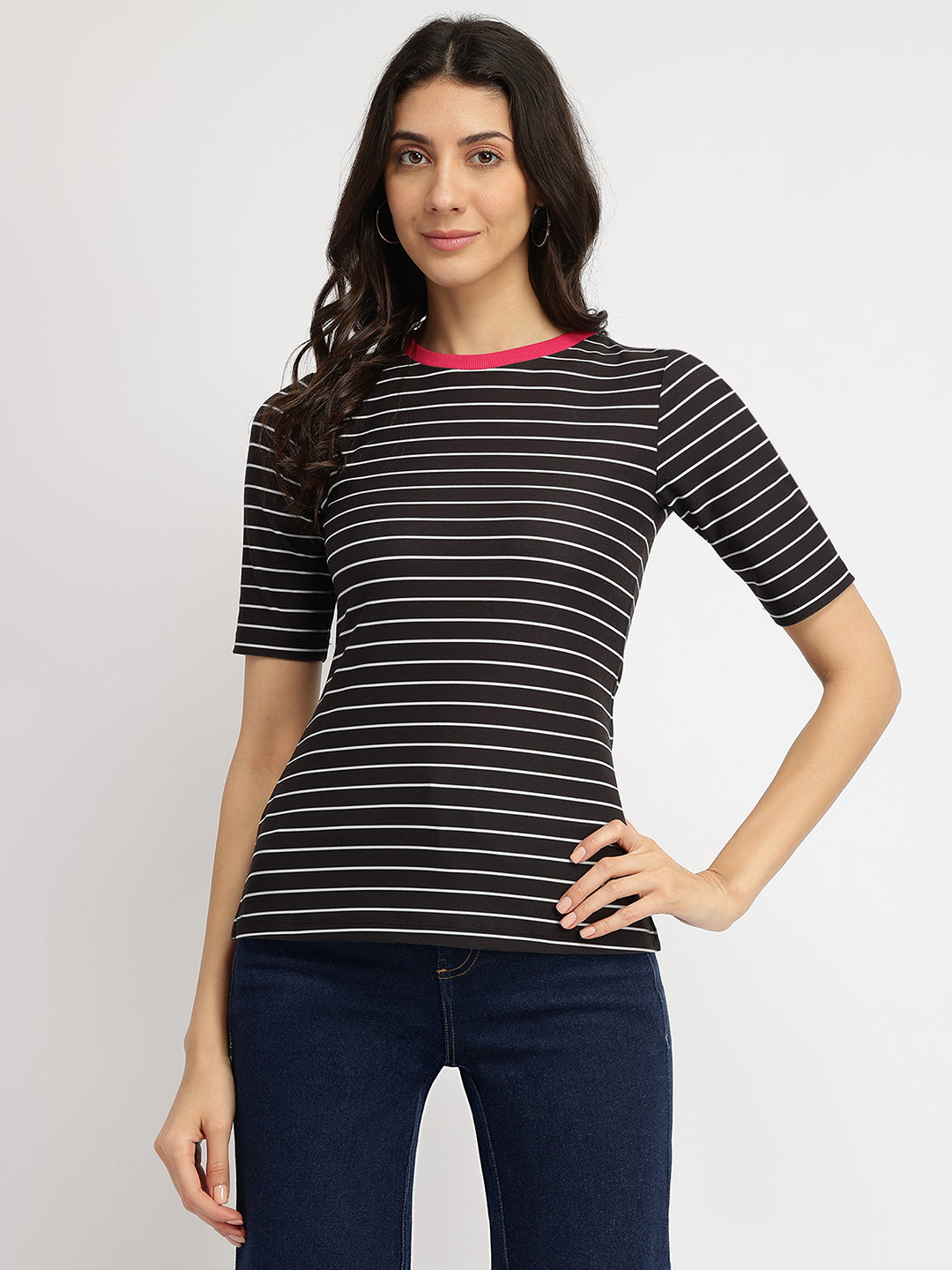 Women's Black Casual Striped Half Sleeves Tshirt