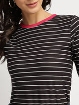 Women's Black Casual Striped Half Sleeves Tshirt