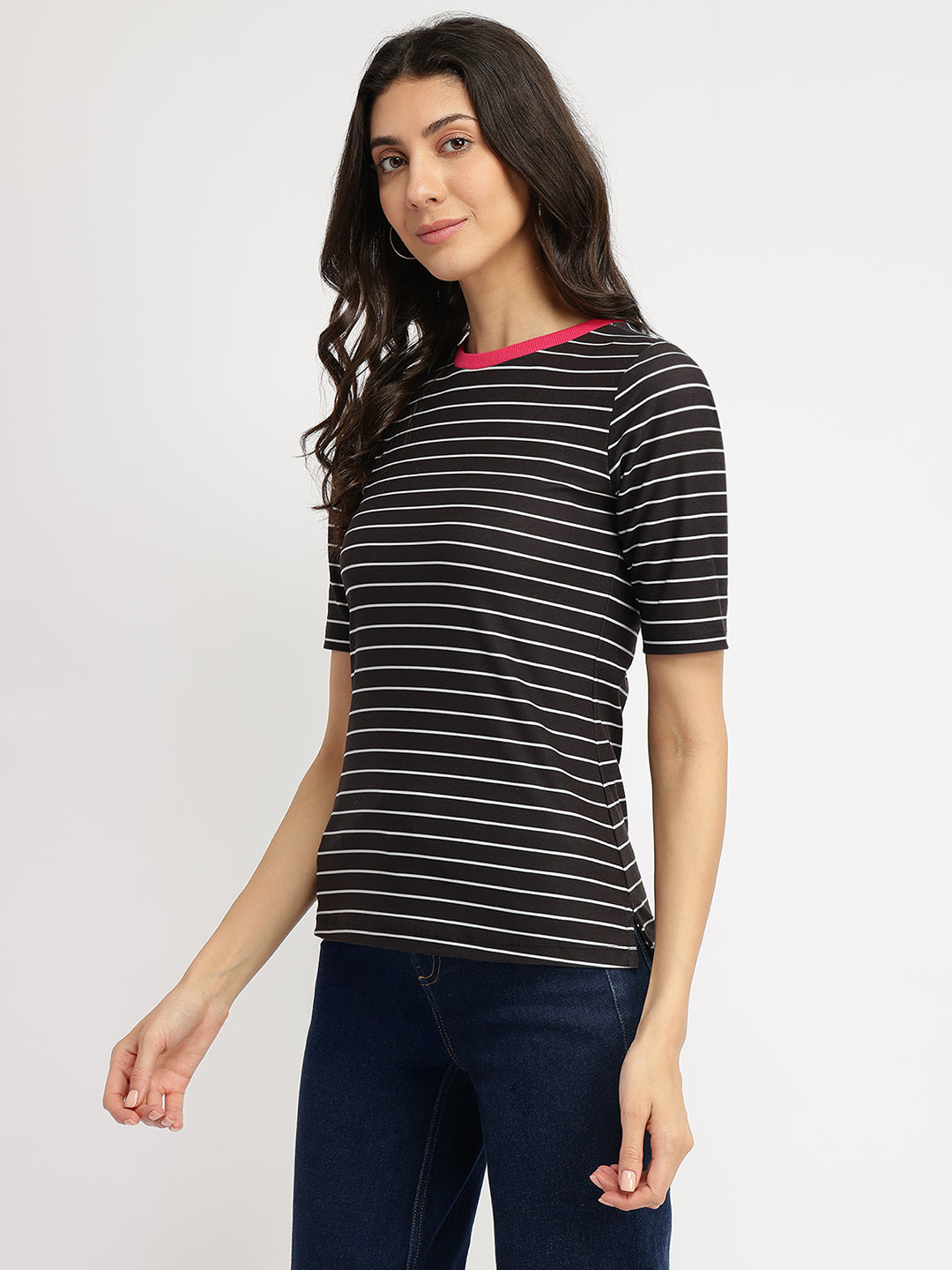 Women's Black Casual Striped Half Sleeves Tshirt