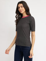 Women's Black Casual Striped Half Sleeves Tshirt