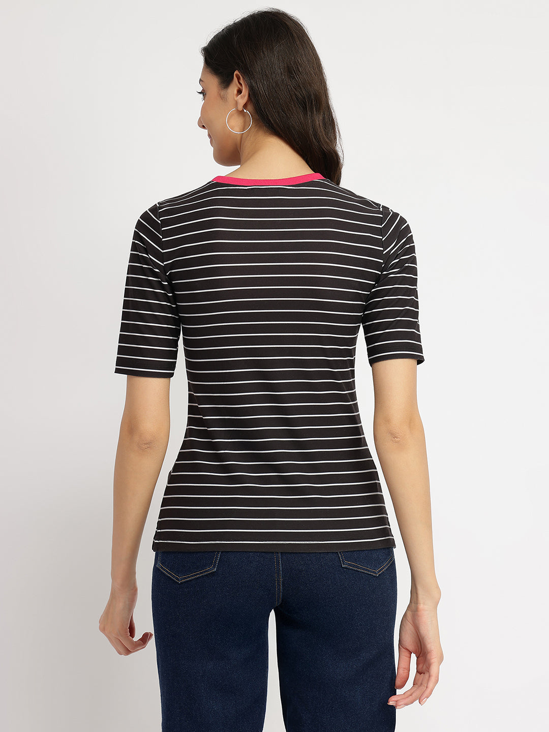 Women's Black Casual Striped Half Sleeves Tshirt