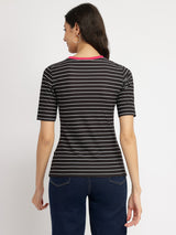 Women's Black Casual Striped Half Sleeves Tshirt