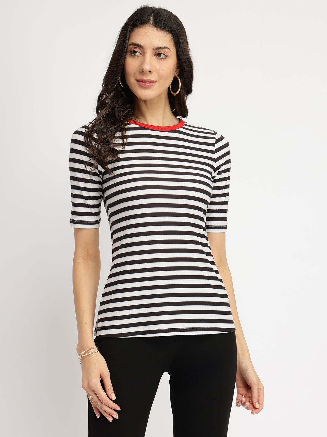 Women's Black Casual Striped Half Sleeves Tshirt