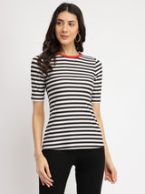 Women's Black Casual Striped Half Sleeves Tshirt