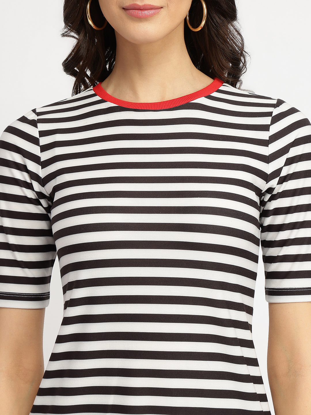 Women's Black Casual Striped Half Sleeves Tshirt