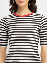Women's Black Casual Striped Half Sleeves Tshirt