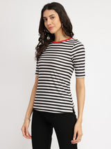 Women's Black Casual Striped Half Sleeves Tshirt