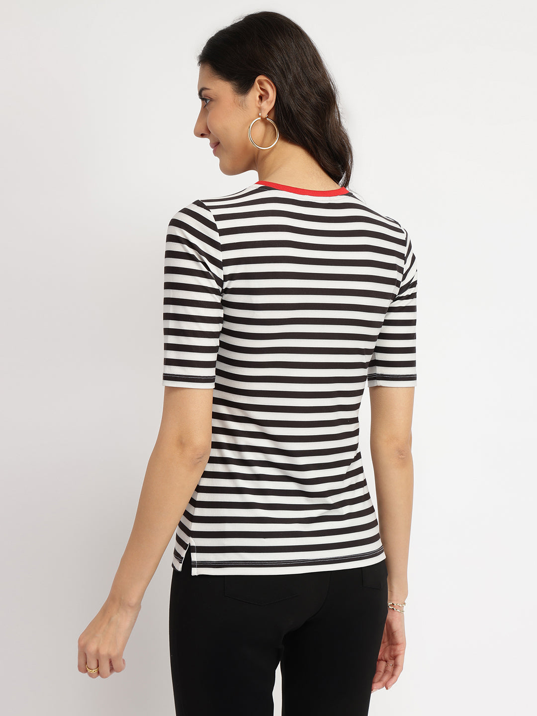 Women's Black Casual Striped Half Sleeves Tshirt