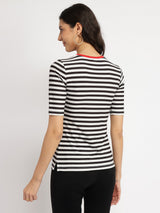 Women's Black Casual Striped Half Sleeves Tshirt