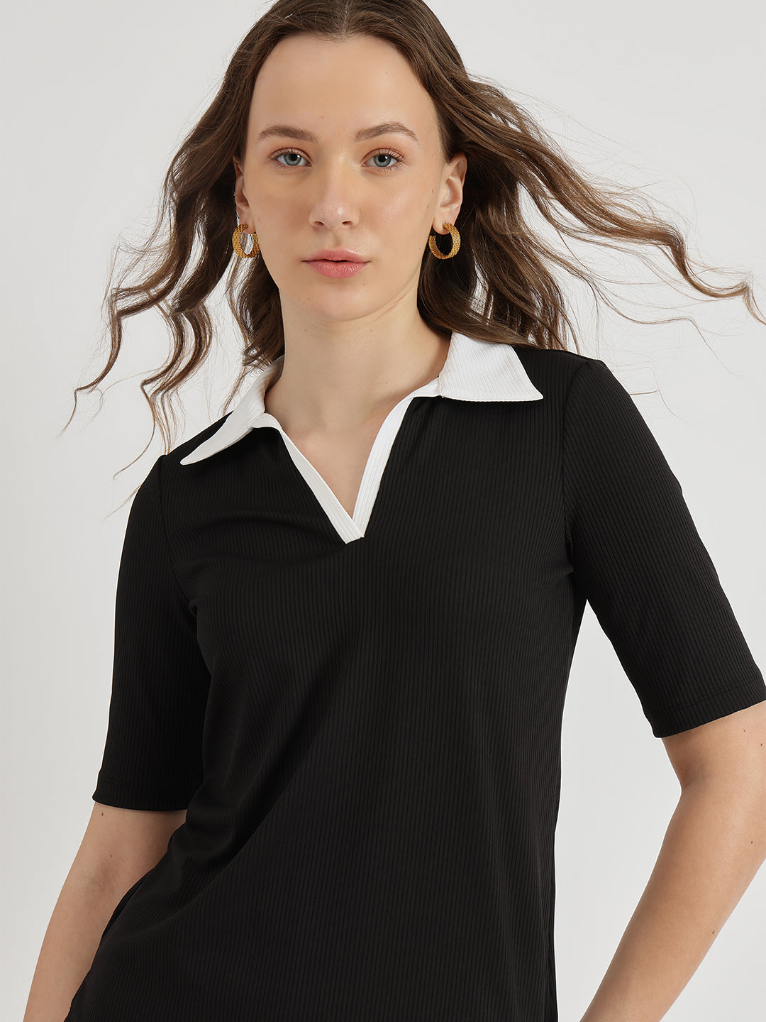 Women's Black Casual Solid Half Sleeves Tshirt
