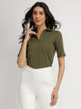 Women's Green Casual Solid Half Sleeves Tshirt