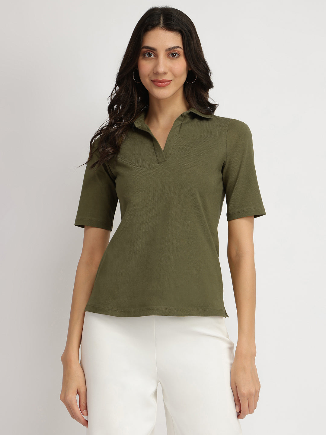 Women's Green Casual Solid Half Sleeves Tshirt