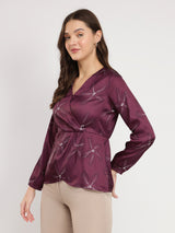 Women's Purple Casual Printed Regular Fit Full Sleeves Top