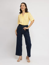 Women's Yellow Casual Solid Regular Fit Half Sleeves Top