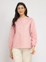 Women's Pink Casual Solid Regular Fit Full Sleeves Top