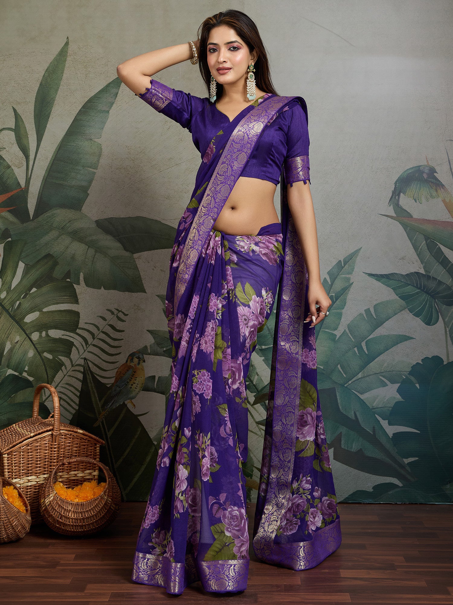 Women's Georgette Purple Embellished Designer Saree with Blouse Piece