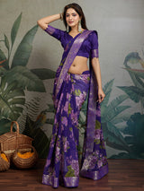 Women's Georgette Purple Embellished Designer Saree with Blouse Piece
