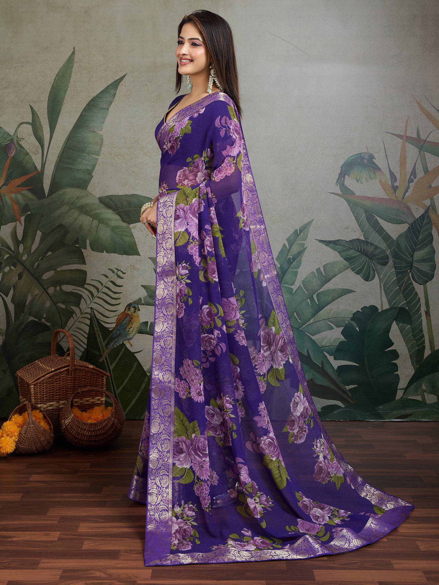 Women's Georgette Purple Embellished Designer Saree with Blouse Piece